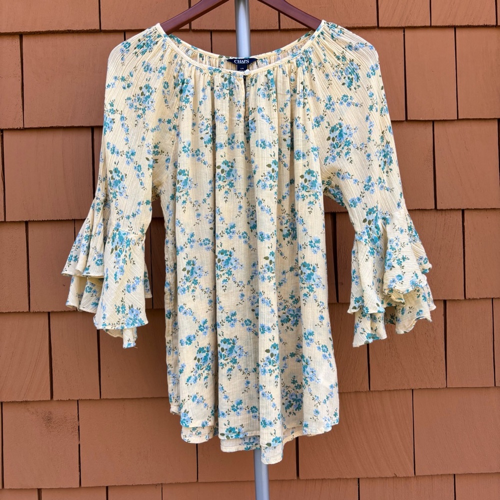 CHAPS | Yellow Ruffle Sleeve Cottagecore Crinkle Cotton Boho Floral Top | Size L